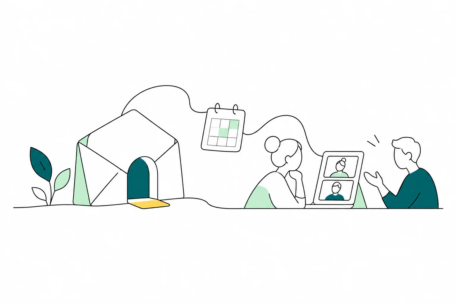 An envelope-shaped workspace welcomes people, with a calendar, a video call and a growing plant.