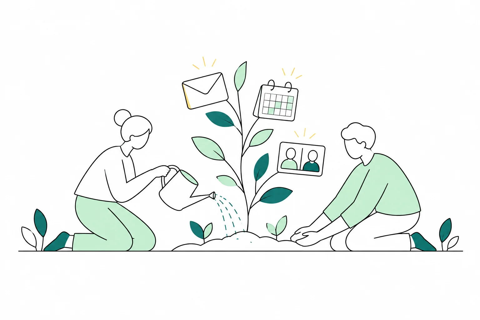 People tend a shared plant whose branches hold an envelope, a calendar and a small video window.