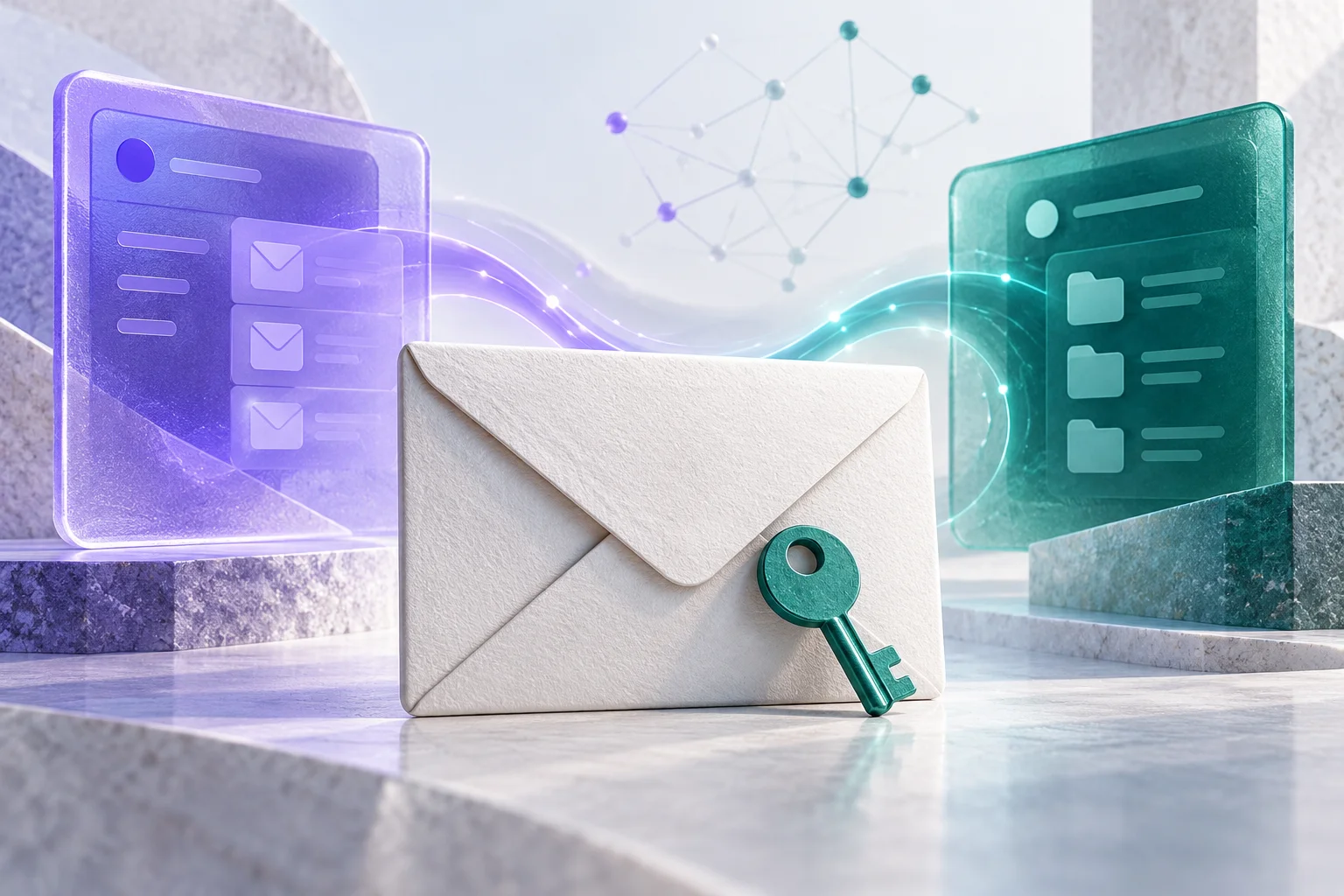An envelope and teal key between purple and teal software panes, illustrating email ownership and portability.