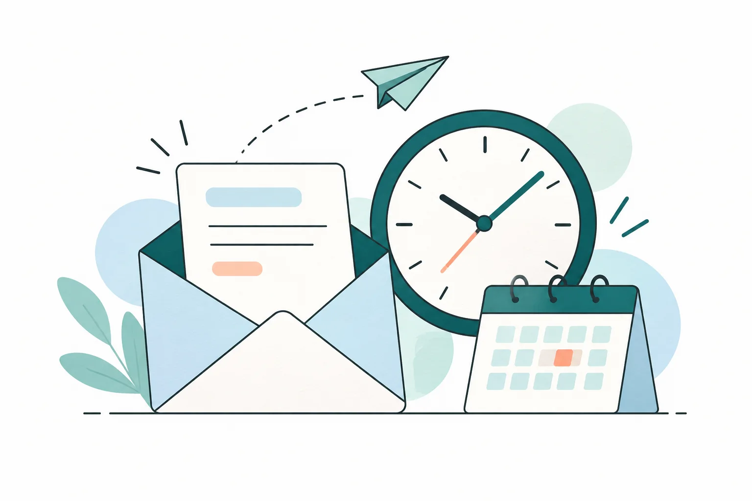 An email envelope beside a clock and calendar, illustrating a message waiting for its scheduled send time.