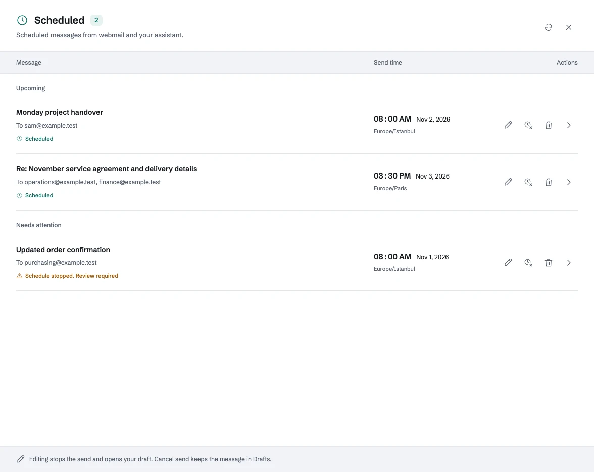 FranklyMail Scheduled view showing upcoming emails, their send times, and a message needing attention