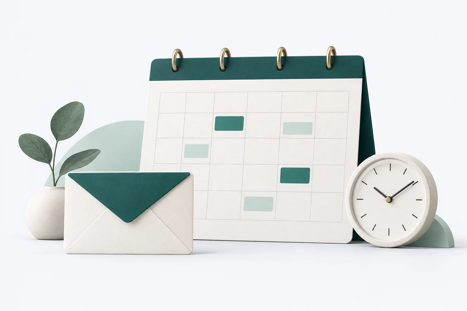A teal calendar, envelope and clock illustrate email and scheduling together.