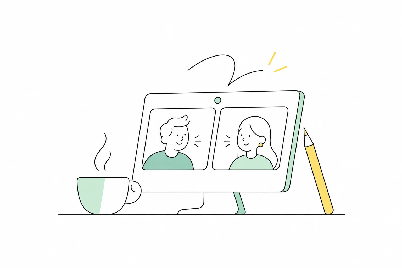 An illustration of a video meeting screen with two participants beside a coffee cup.